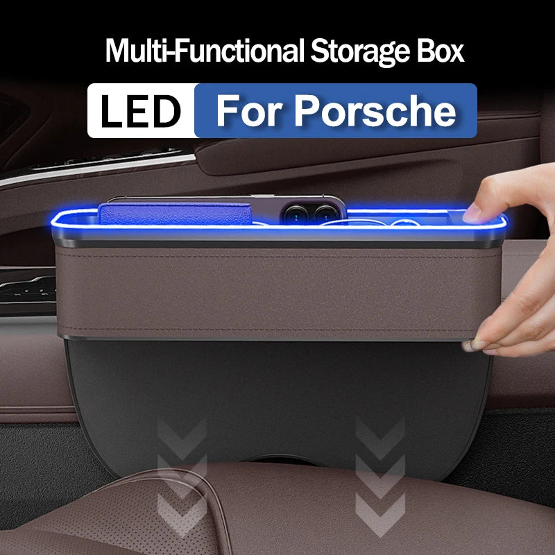 For Porsche Cayenne Panamera Macan 718 Boxster 958 911 Car Crevice Storage Box With 2 USB Charger Colorful LED Seat Organizer