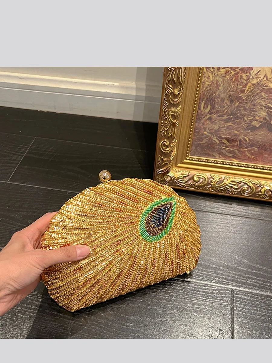 UGALS Chinese Style Bead Embroidery Peacock Shiny Diamond  Handbag Clutch Party Clip-On Shoulder Crossbody Bag