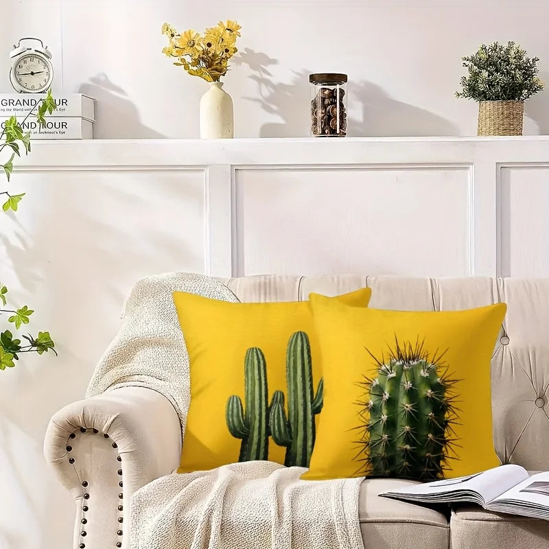 4-Piece 2D Printed Pillowcase Set – Cactus Pattern on Yellow Background