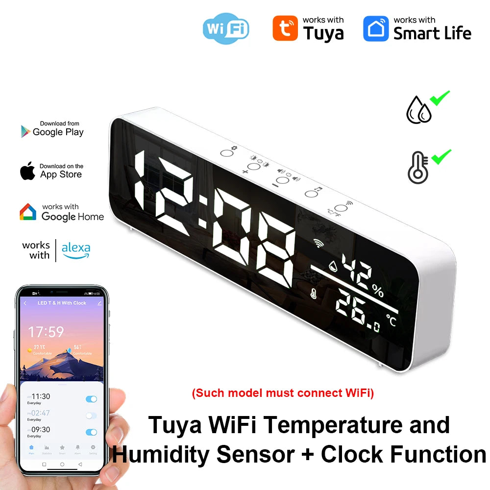 Tuya WiFi Mirror LED ClocksSupport Temperature Humidity Sensor Time Display USB Desktop Alarm Clock for Living Room Decoration