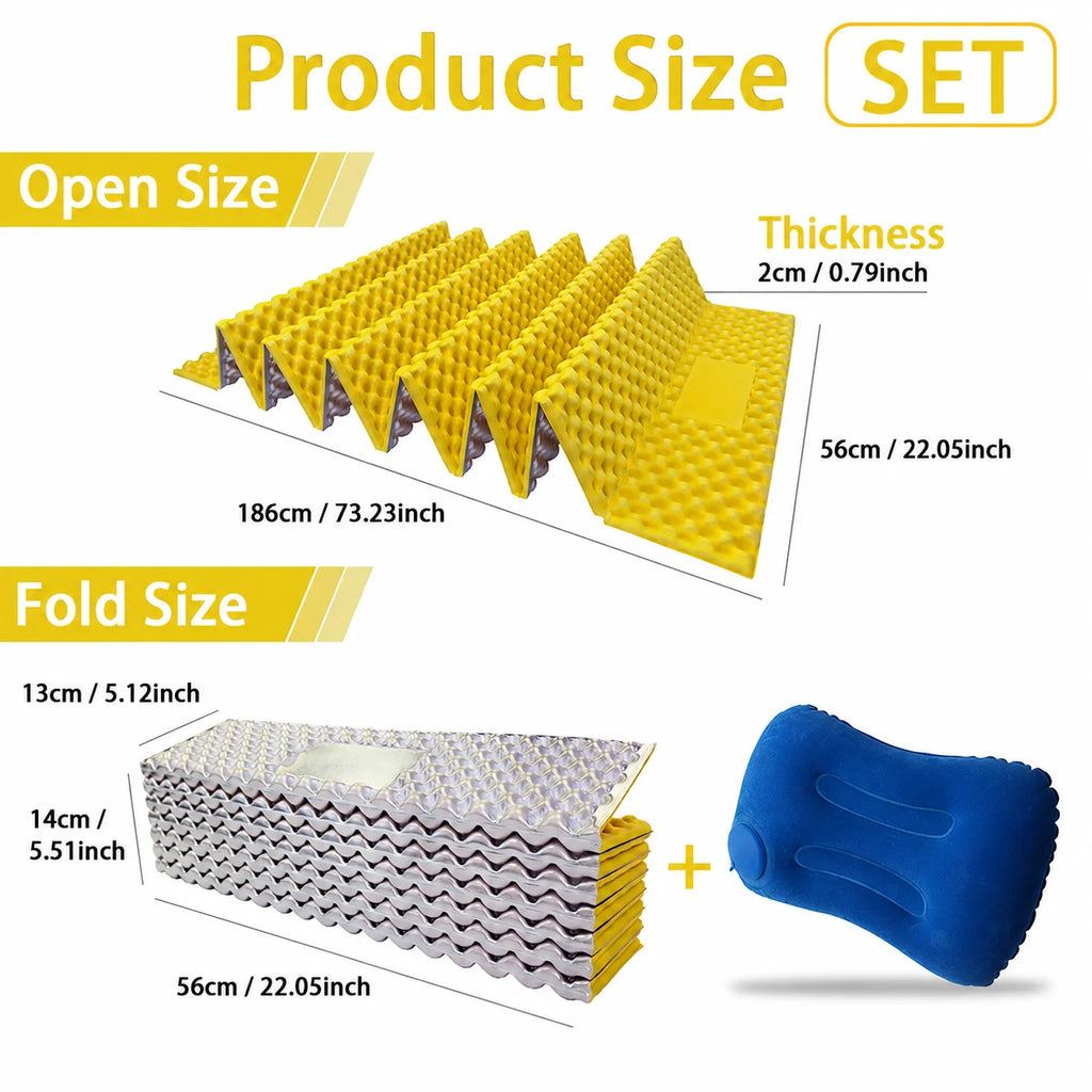 Camping Sleeping Pad with Inflatable Pillow 1Set Aluminum Foil IXPE Egg Crate Foldable Insulated Mat for Hiking Backpacking Tent