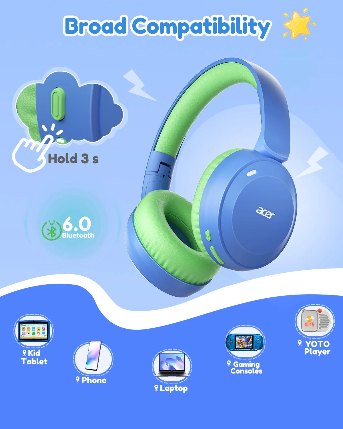 Acer Kids Bluetooth 6.0 Headphones with Built-in Mic 85/94dB Volume Limited Lightweight Over-Ear Wireless Headphones for Kids