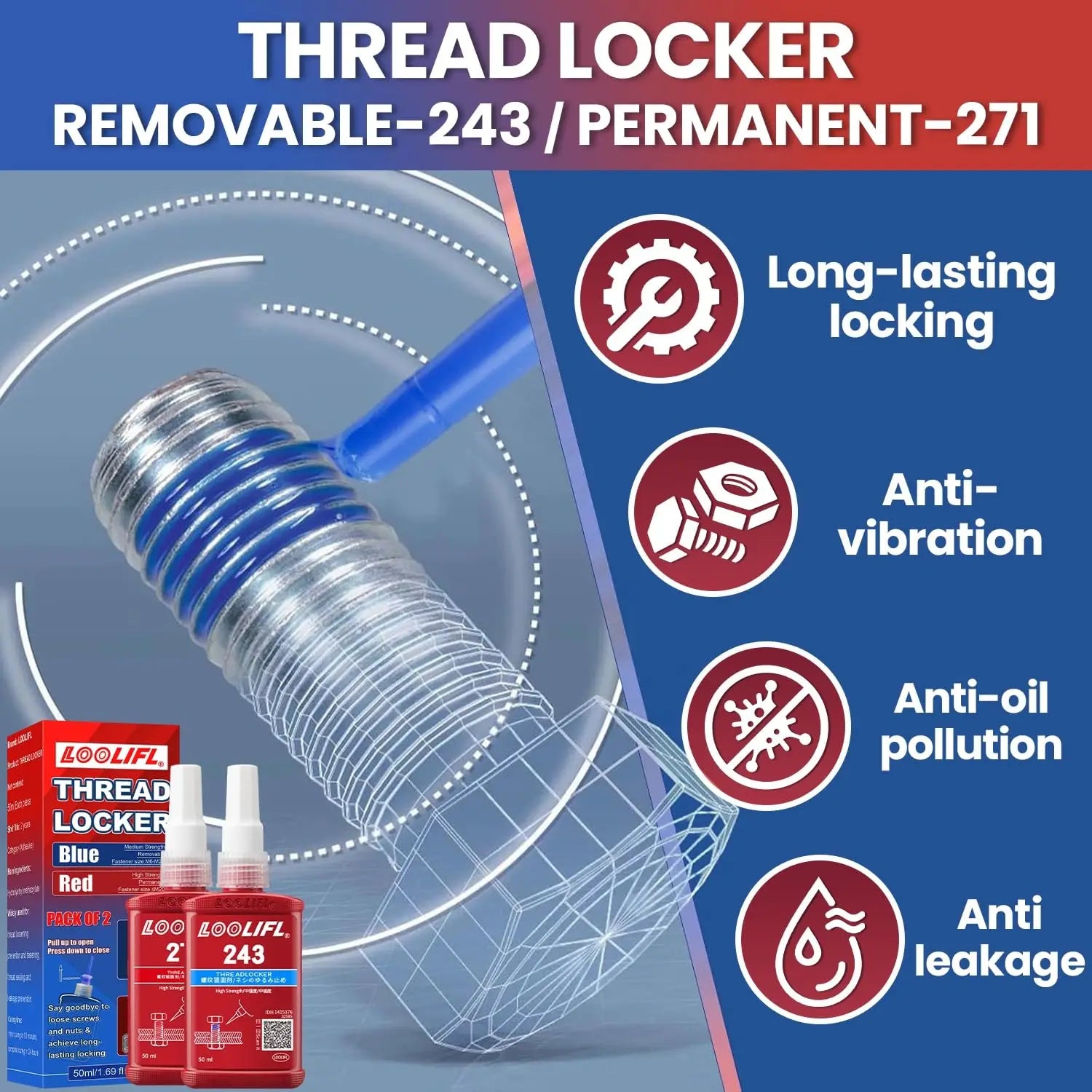 Blue & Red Thread Locker, Medium High Strength Thread Sealant for Nuts Bolts Fasteners Metal Threads, Anti-Loosening Anti-Leak Anaerobic Thread Lock Compound, 50ml×4 Pack Thread Lock Adhesive Glue