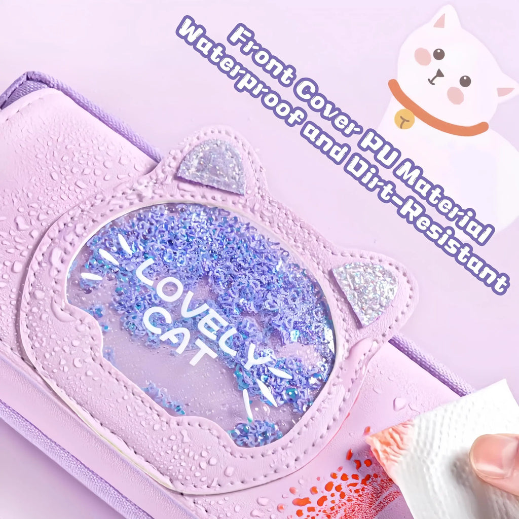 Cute Cat Head Quicksand Pencil Case Exquisite Large Capacity Three-Layer Classification Storage Bag with Handle Purple Pink Blue