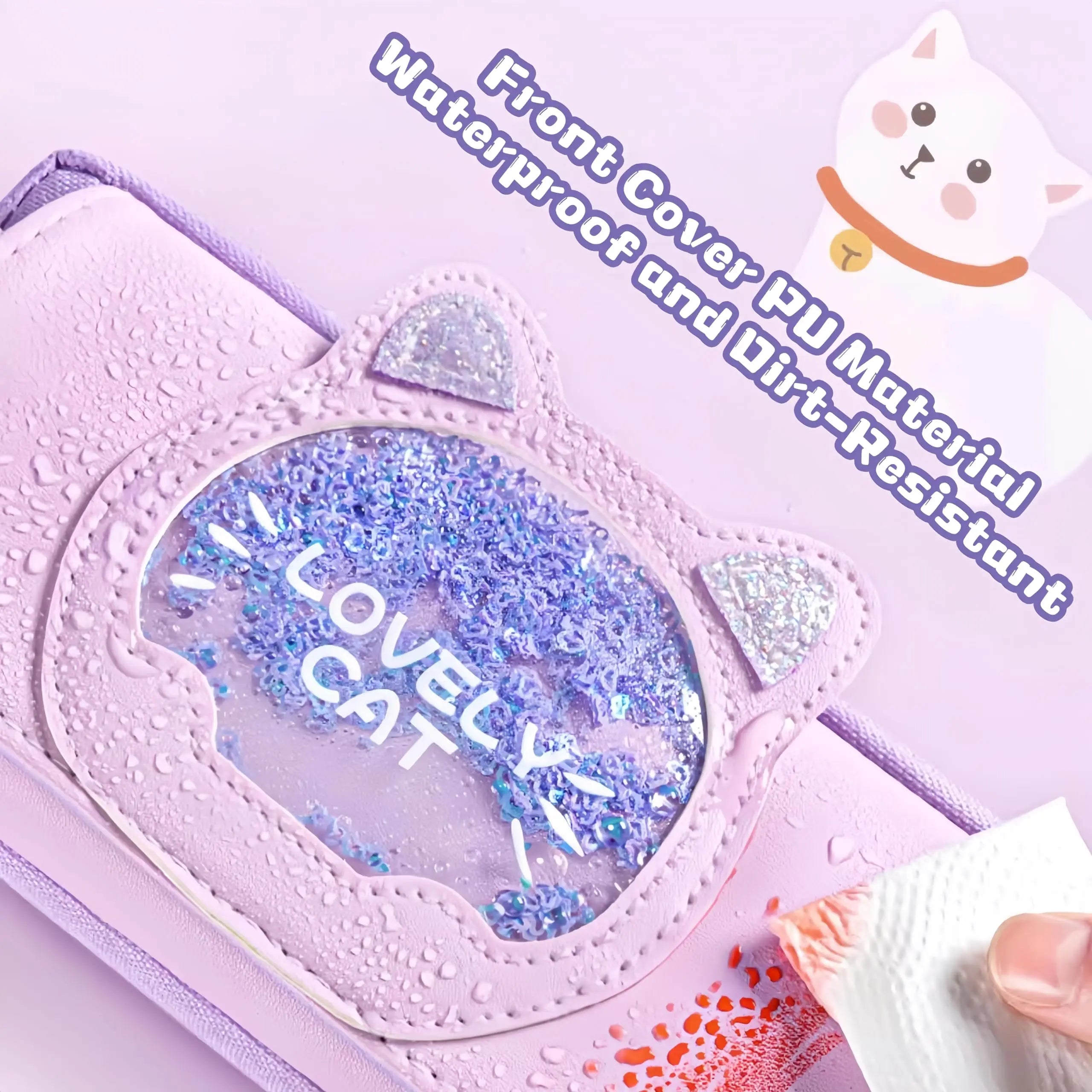 Cute Cat Head Quicksand Pencil Case Exquisite Large Capacity Three-Layer Classification Storage Bag with Handle Purple Pink Blue