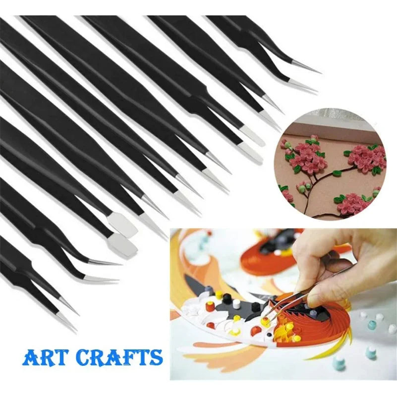 12Pcs/Set Precision Tweezers ESD Anti-static Stainless Steel Elbow Straight With Bag Repair Maintenance Tool Industrial Tweezers