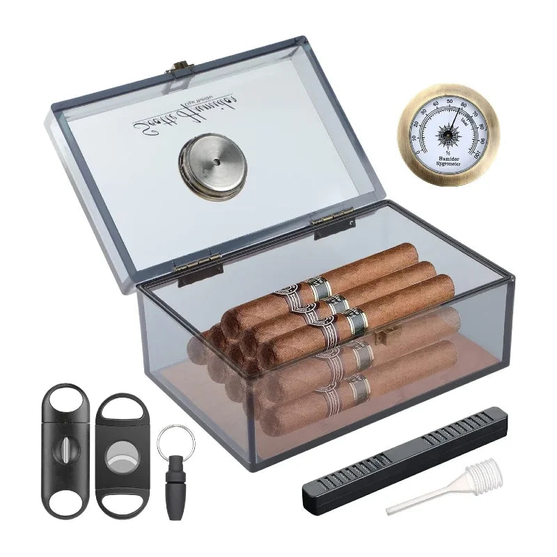 Acrylic Humidor - Cigar Box With Hygrometer, Humidifier & Accessories, Holds 20 Cigars