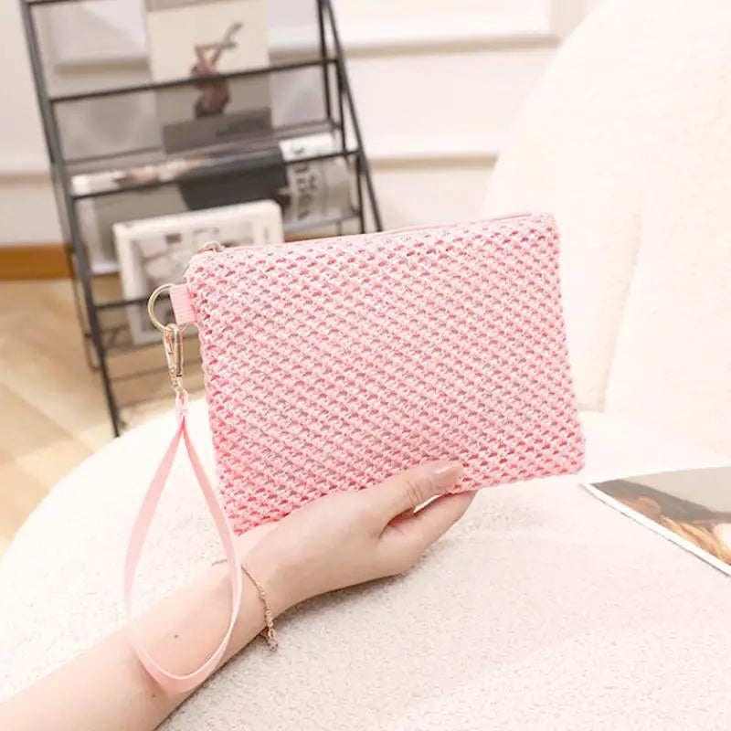 Women Clutch Bag Handmade Backpack Fashion Ladies Wristlet Girl Phone Colorful Straw Woven Coin Purse Beach Wallet Fresh Sweet