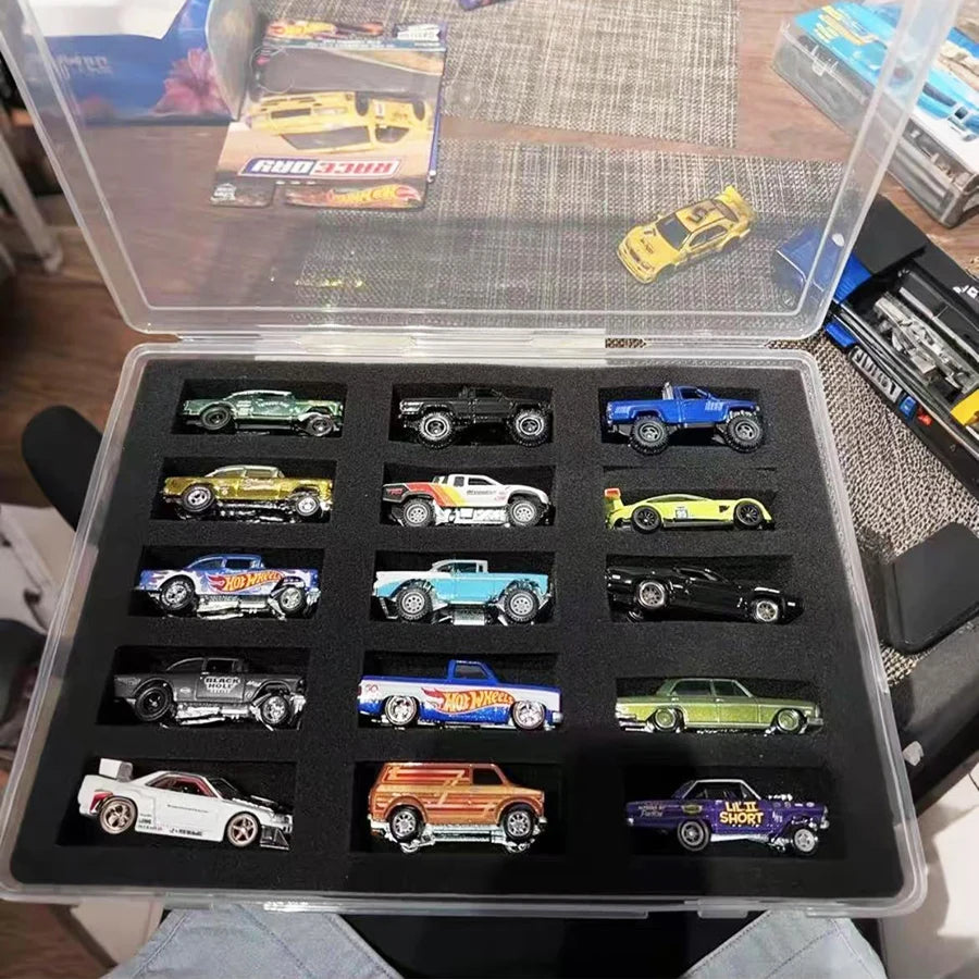 Transparent Storage Box with Lid and Cotton Plate, 15-position Display Case for 1/64 Car Models, Hot Wheels Showcase