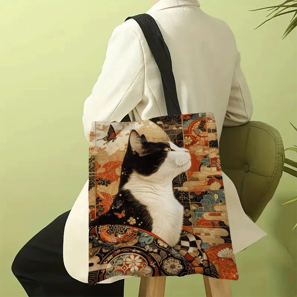 Classic Black And White Cat Tote Bag With Cat Print, Reusable Shoulder Shopping Beach Bag For Women, Durable Casual Carryall
