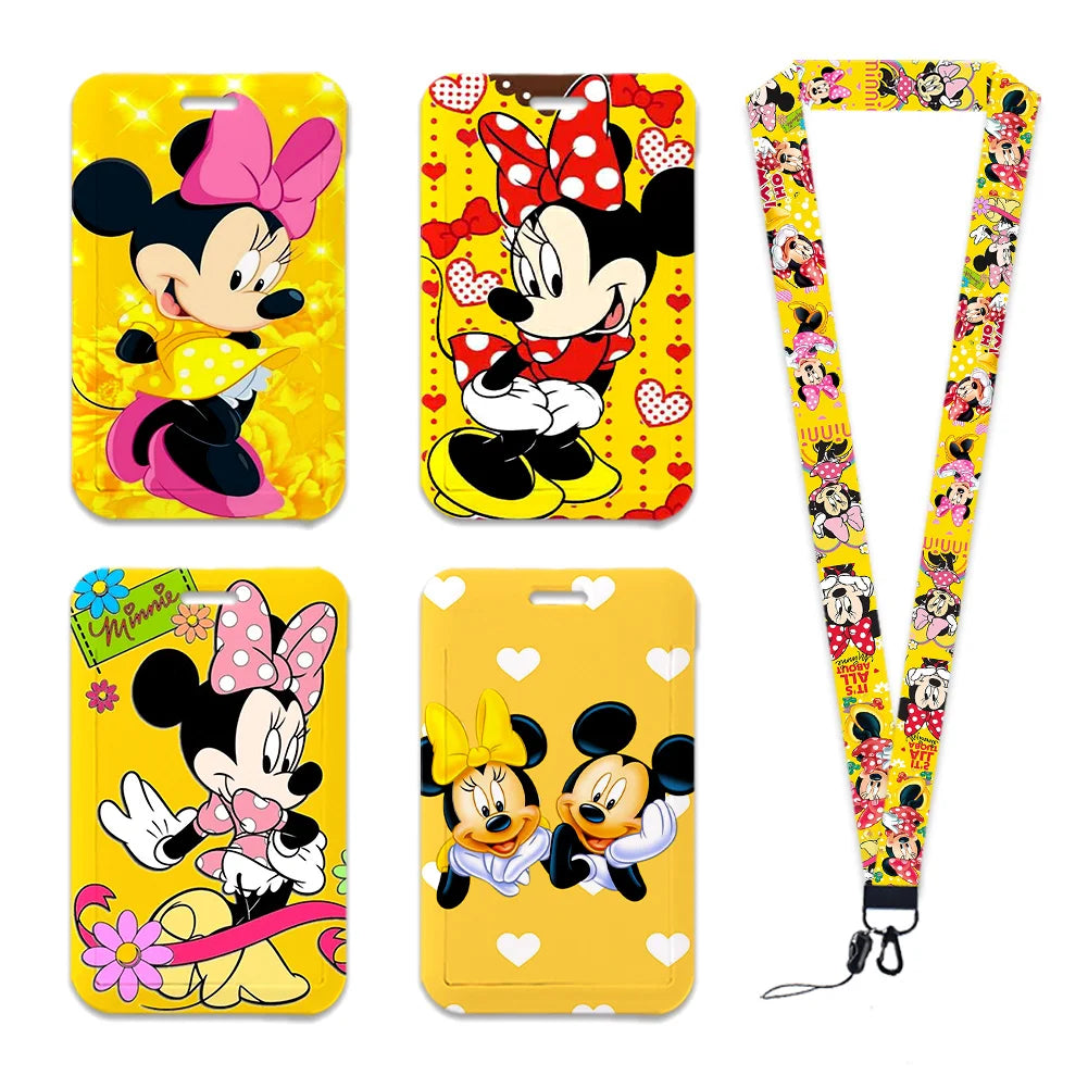 Disney Yellow Series Mickey Minnie Card Holder Work Permit Name Badge with Keychains Student Id Card Lanyard Holder Accessories