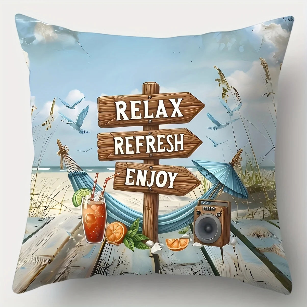 4-piece Beach Style Theme Throw Pillow Cover Set, featuring starfish, seashell, and beach bike patterns, insert not included