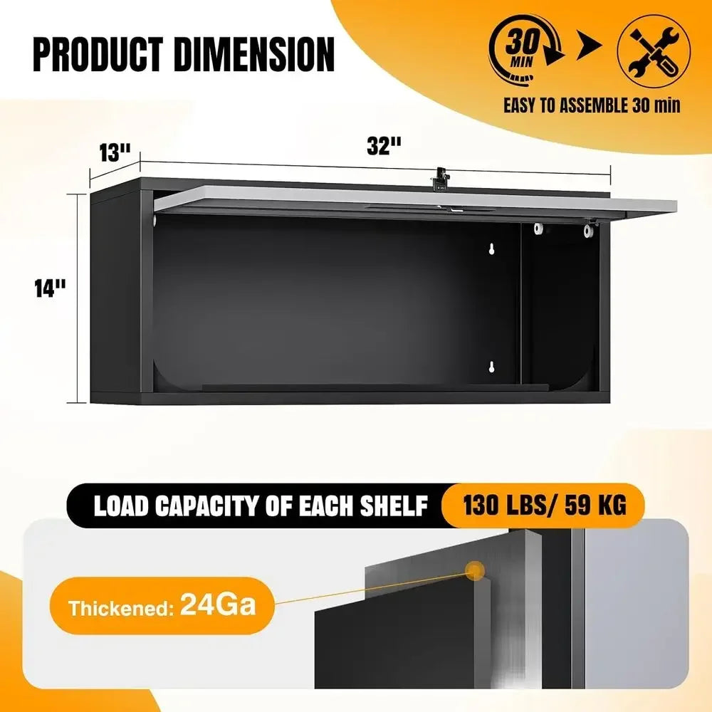 White Heavy-Duty Wall-Mounted Metal Garage Storage Cabinet with Floating Shelves for Tools and Workshop Use
