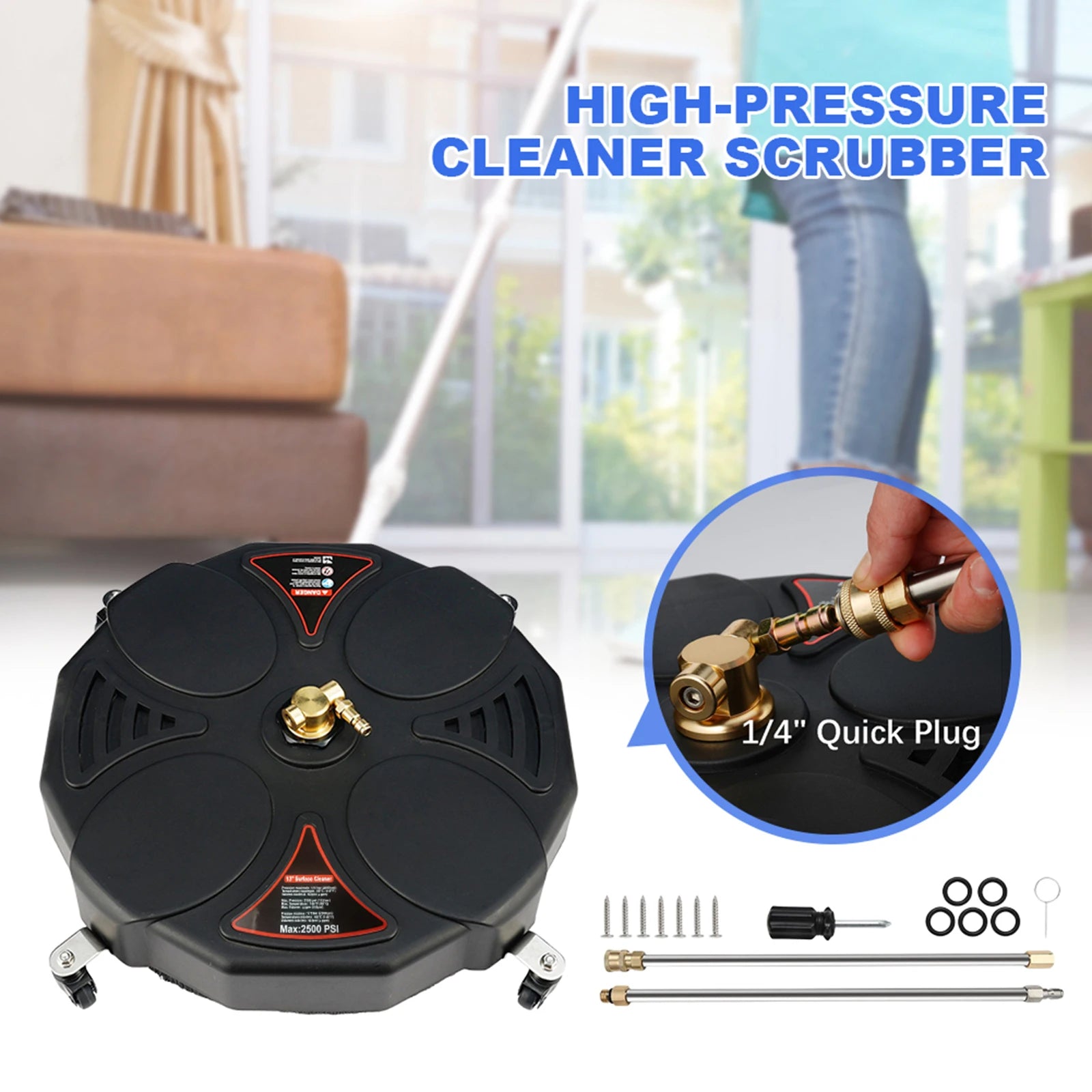 Floor Scrubber 1/4 Quick Connector Surface Cleaner 2500PSI Surface Cleaner Attachment with Extension Wand Replacement Nozzles