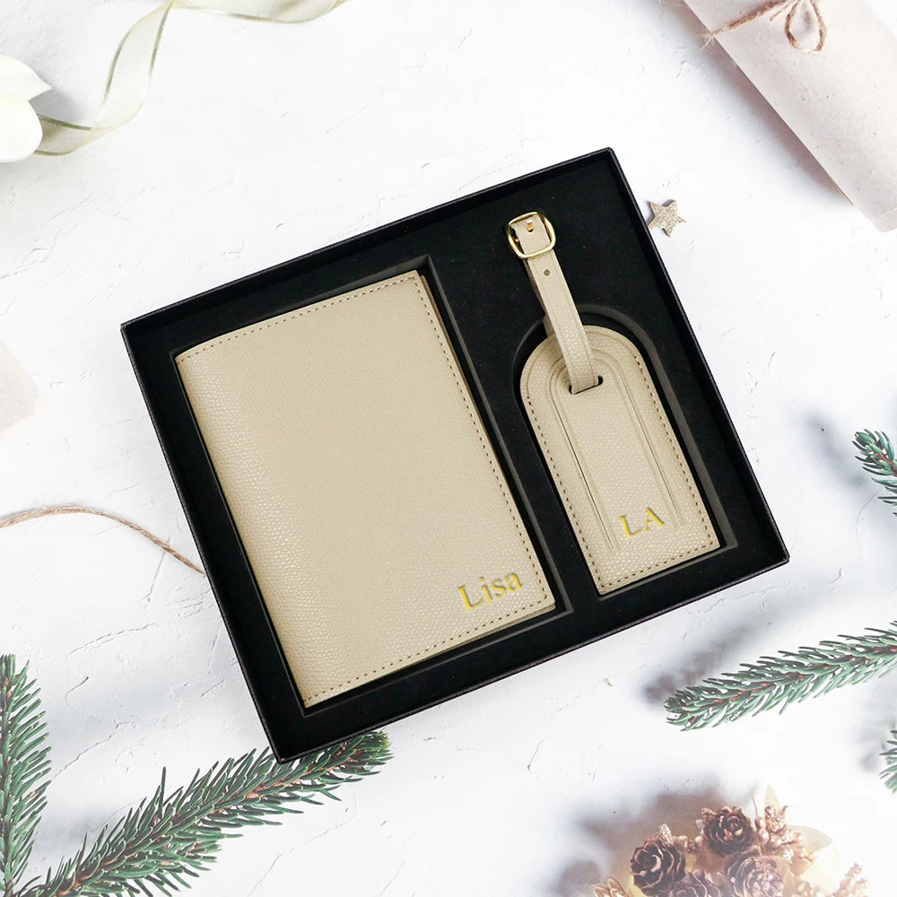 Customized name pu leather travel passport holder and luggage anti-loss label with essential travel gift box