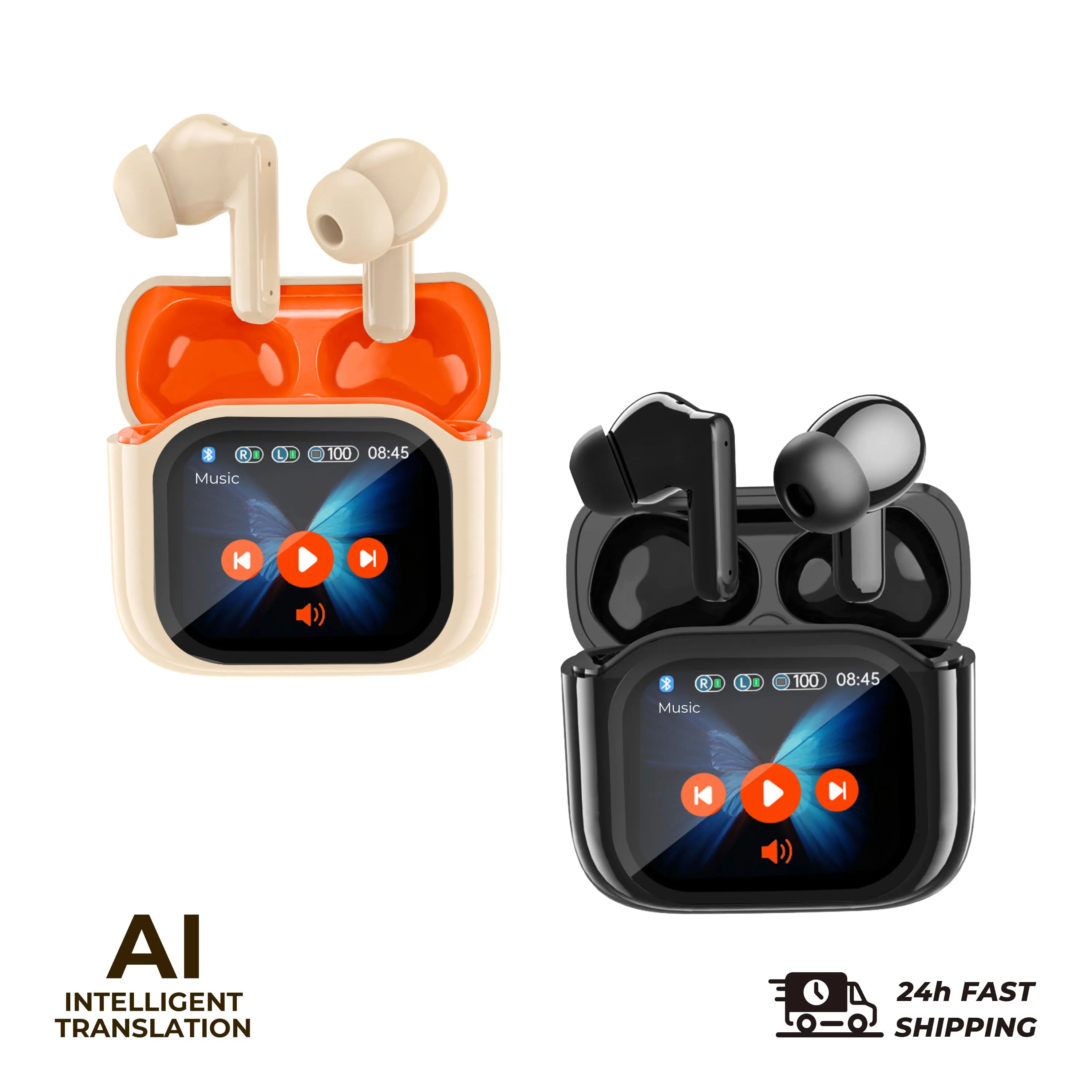 2PCS Touch Screen Translation Headphones 144 Languages Two-Way Real Time Translator Headsets Travel Business Bluetooth Earbuds