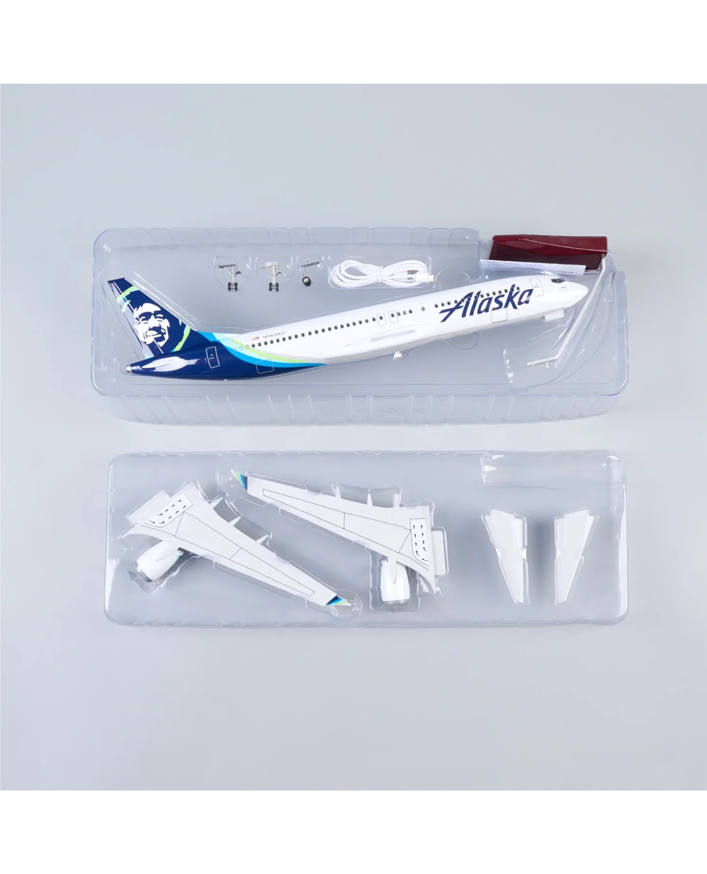 1/85 Scale Aircraft 47cm Alaska Airways B737max Diecast Resin Airplane Model Kit With Voice Control & Stand For Souvenir Display