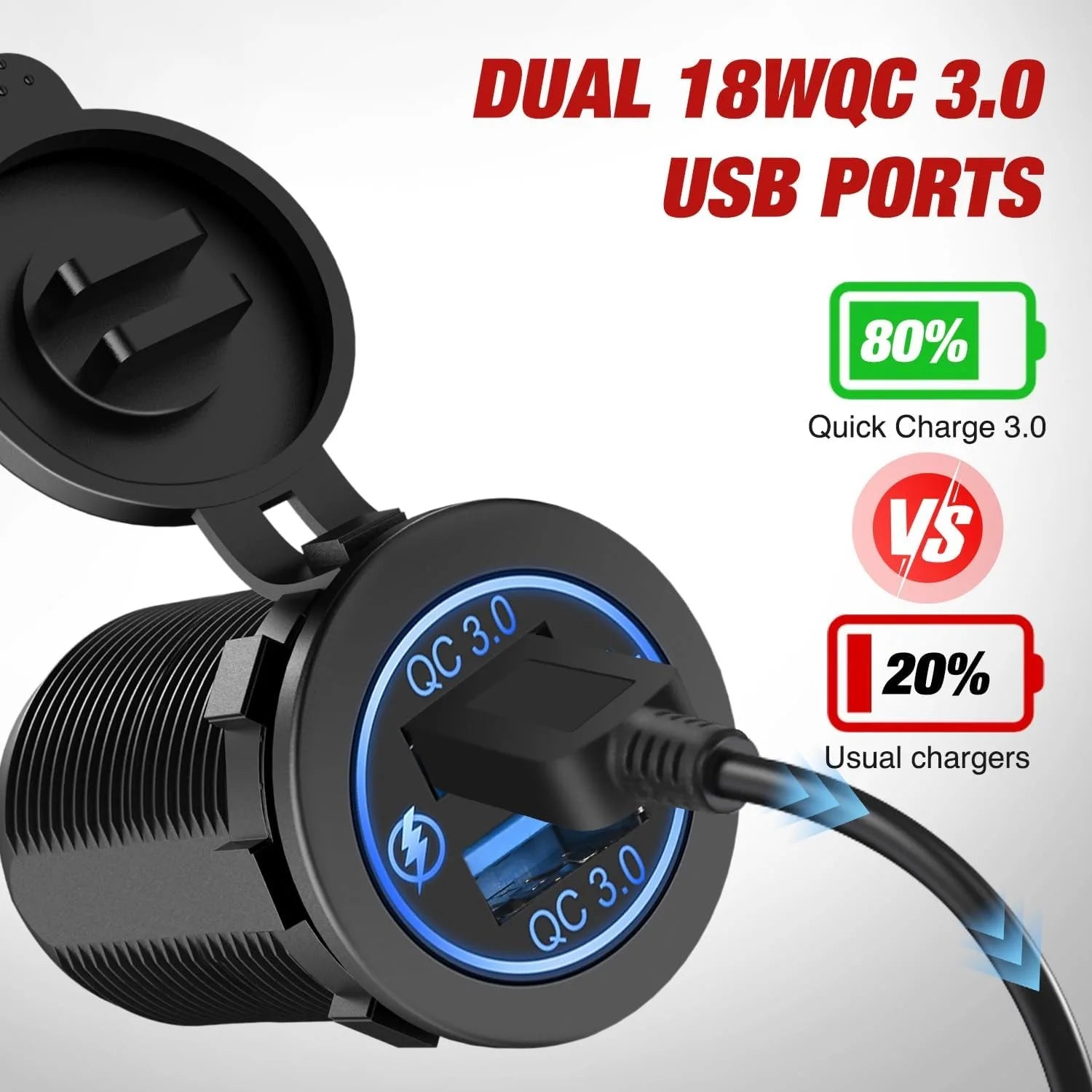 Nilight QC 3.0 Dual USB Charger and Cigarette Lighter Socket Pre-Wired 12V-24V with Cigar Power for Cars Trucks
