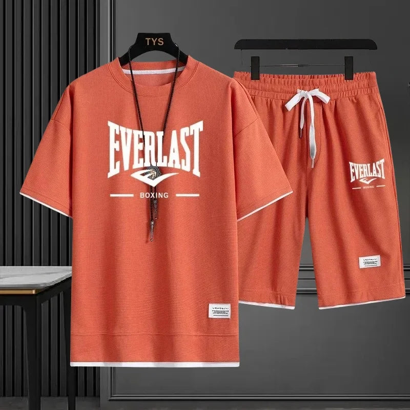 EVERLAST New Summer Men's Daily Casual Breathable Comfortable Loose Sports Set Fashion Brand Men's Waffle Top+Shorts 2-piece Set