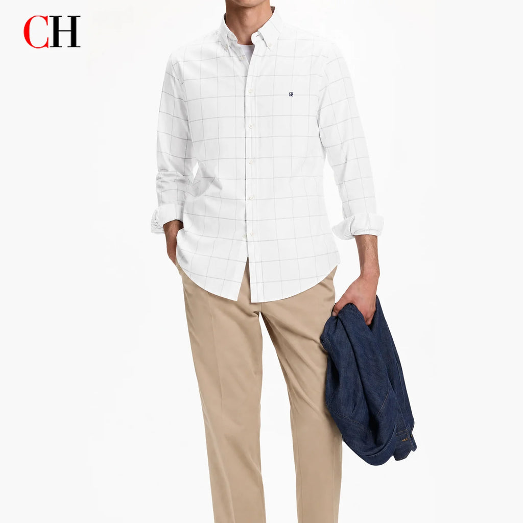 CH Men's White Plaid Long Sleeve Shirt Casual Business Button Down Lightweight Regular Fit Top Spring Autumn
