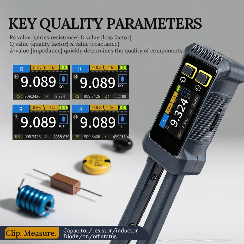 Smart LCR Bridge Tweezer Resistance Inductance Capacitance Diode Tester 100Hz/1KHz/10kHz 0.3V/0.6V Type‑C Portable Meter