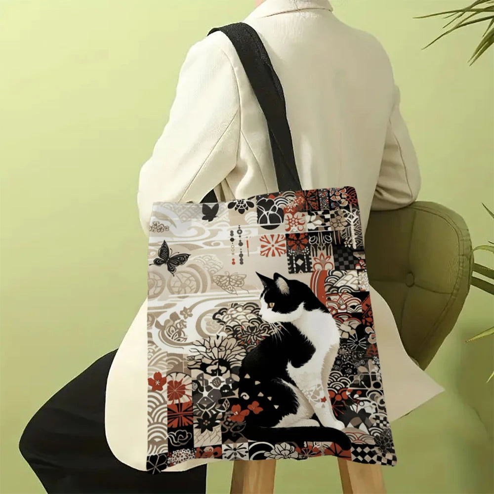 Classic Black And White Cat Tote Bag With Cat Print, Reusable Shoulder Shopping Beach Bag For Women, Durable Casual Carryall