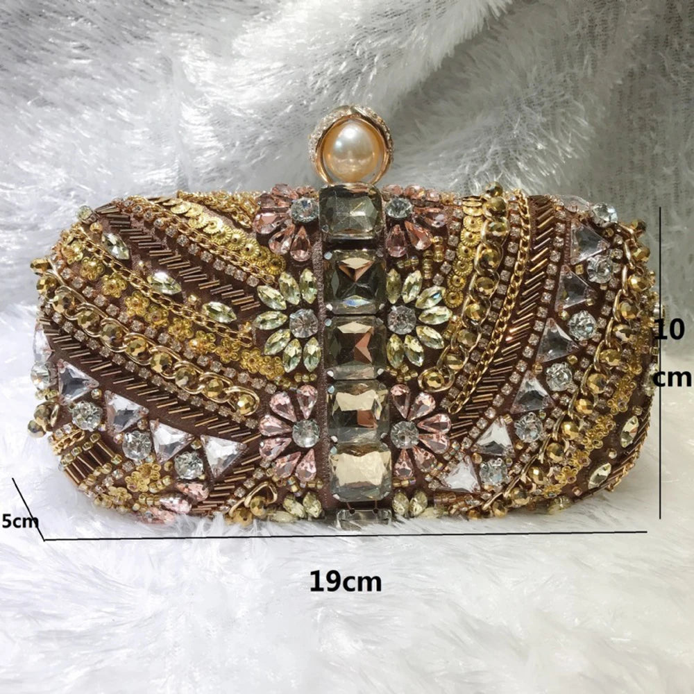 SHELKSBAG Women Stone Heavy Beaded Evening Bags Vintage Brown Suede Rhinestone Metal Formal Events Clutch Bag Luxury Party Purse