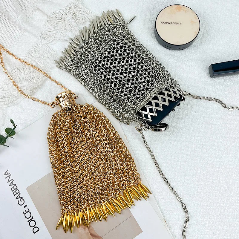 Niche Design New Gold and Silver Soft Metal Mesh Phone Bag High Quality Women's Evening Lipstick Bag Handwoven Fashionable Bag