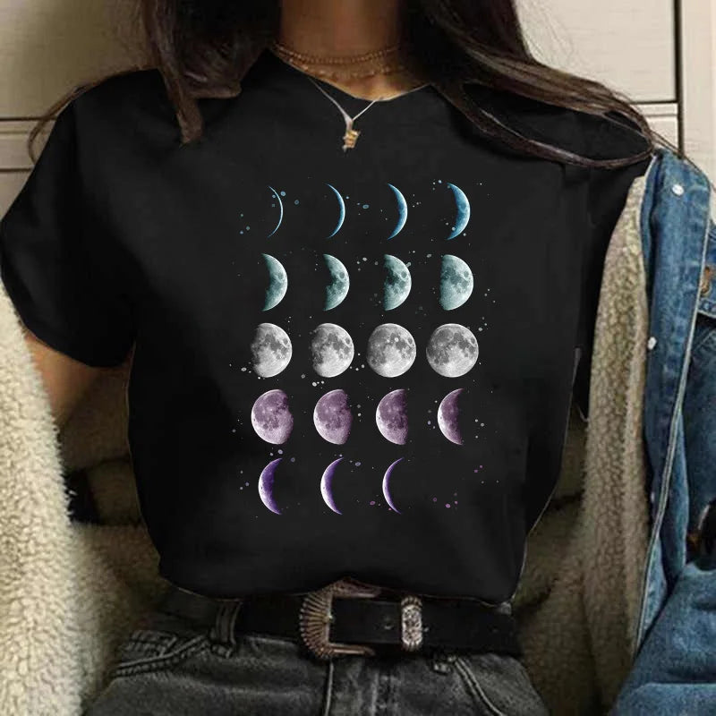 New Fashion Black Tops Funny Female T-shirt Casual Tee Woman Clothes Y2k Cute Tops Moon PrintWomen Harajuku Summer T Shirt Girl