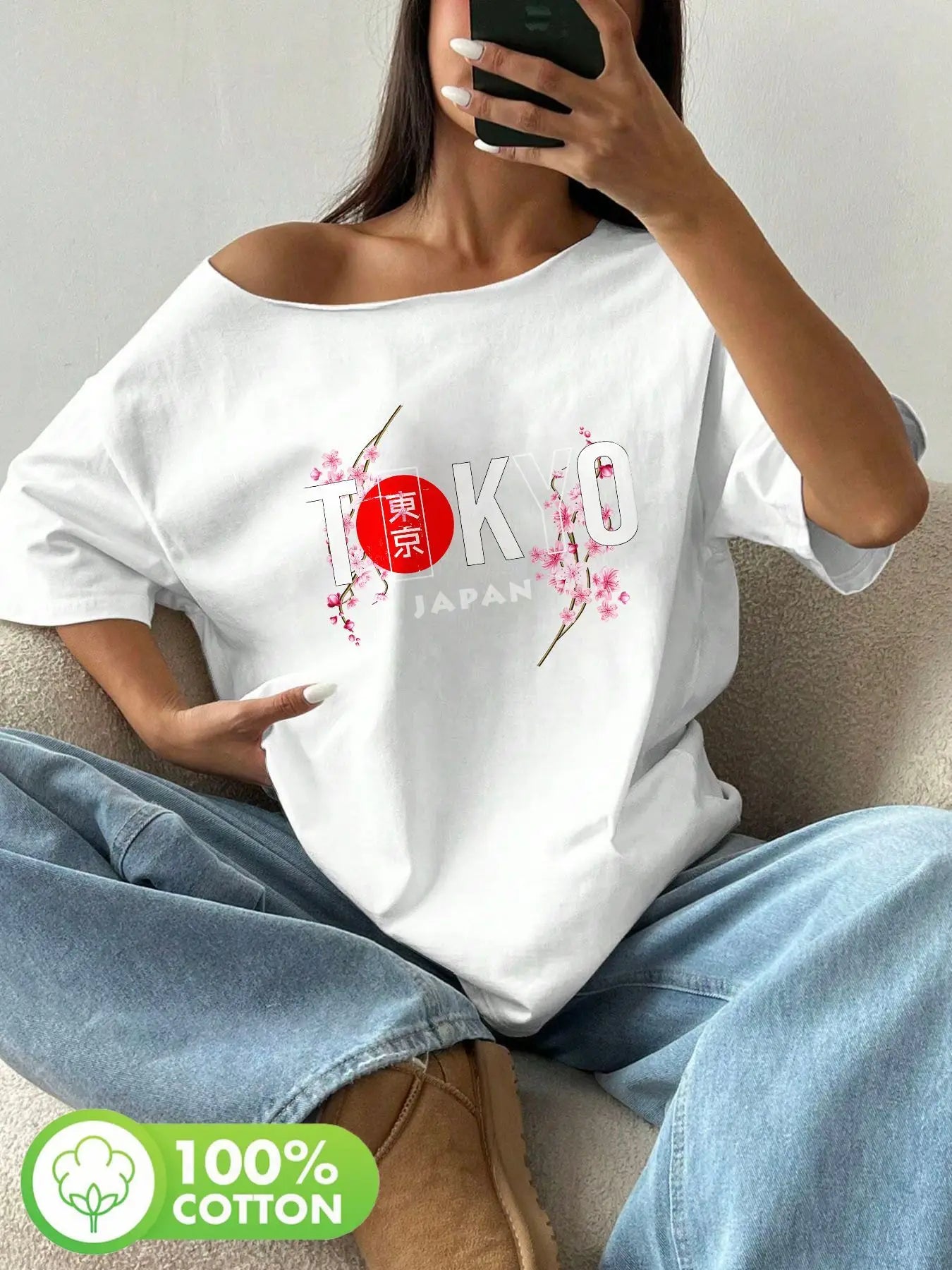 Plus Size Tokyo Japan Cherry Blossom Kanji Red Sun Graphic Print T-Shirt Loose Fit Oversized Y2K Style Women Tops Summer Off