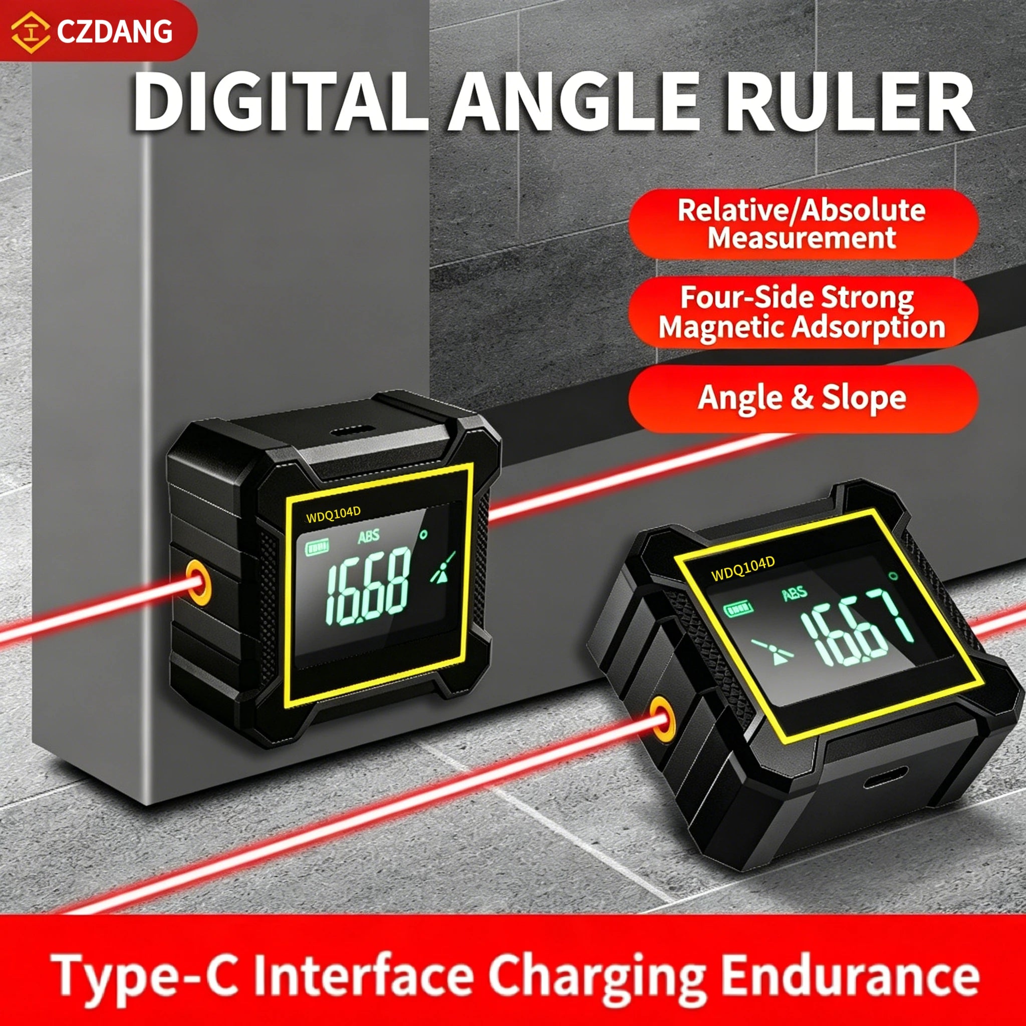 4-Side Strong Magnetic 360° Digital Laser Angle Gauge Inclinometer Portable Level Ruler for Construction High Precision Box