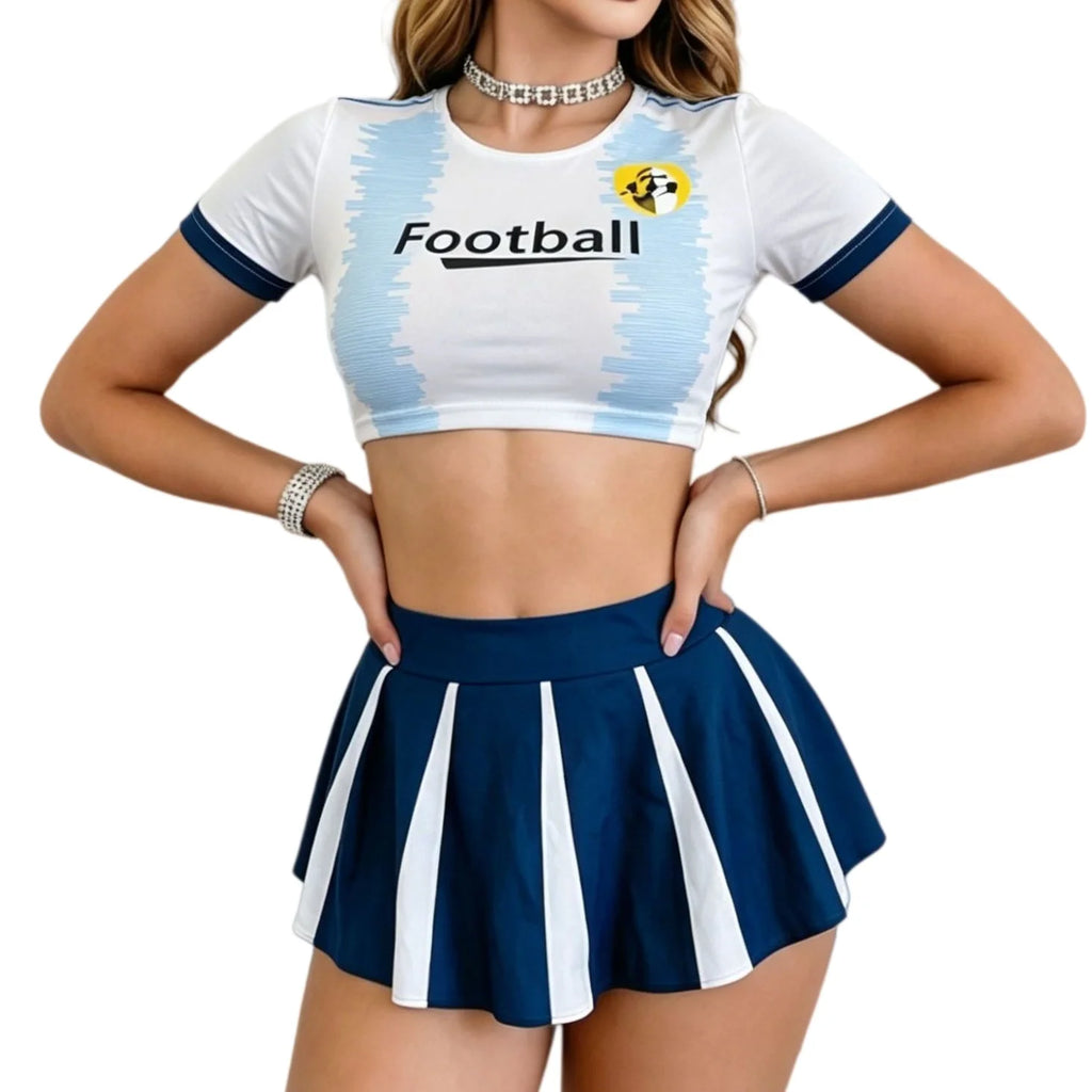 Sexy Football Jersey Crop Top and Briefs Set with Soccer Print, Blue and White Striped Lingerie for Women Roleplay Nightwear