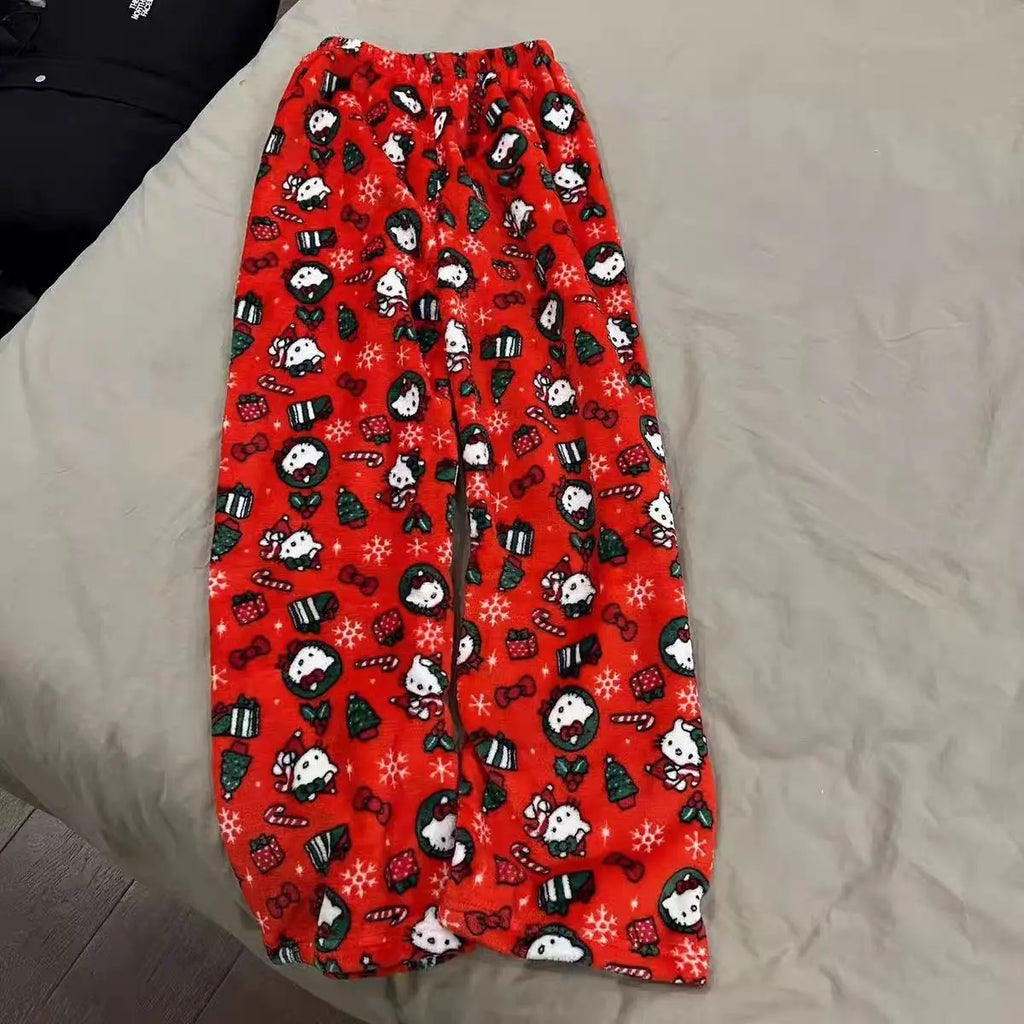 New Autumn Winter Flannel Popular Hello Kitty Pajama Pants Thickened Velvet Warm Casual Cartoon Home Pants Casual Comfortable