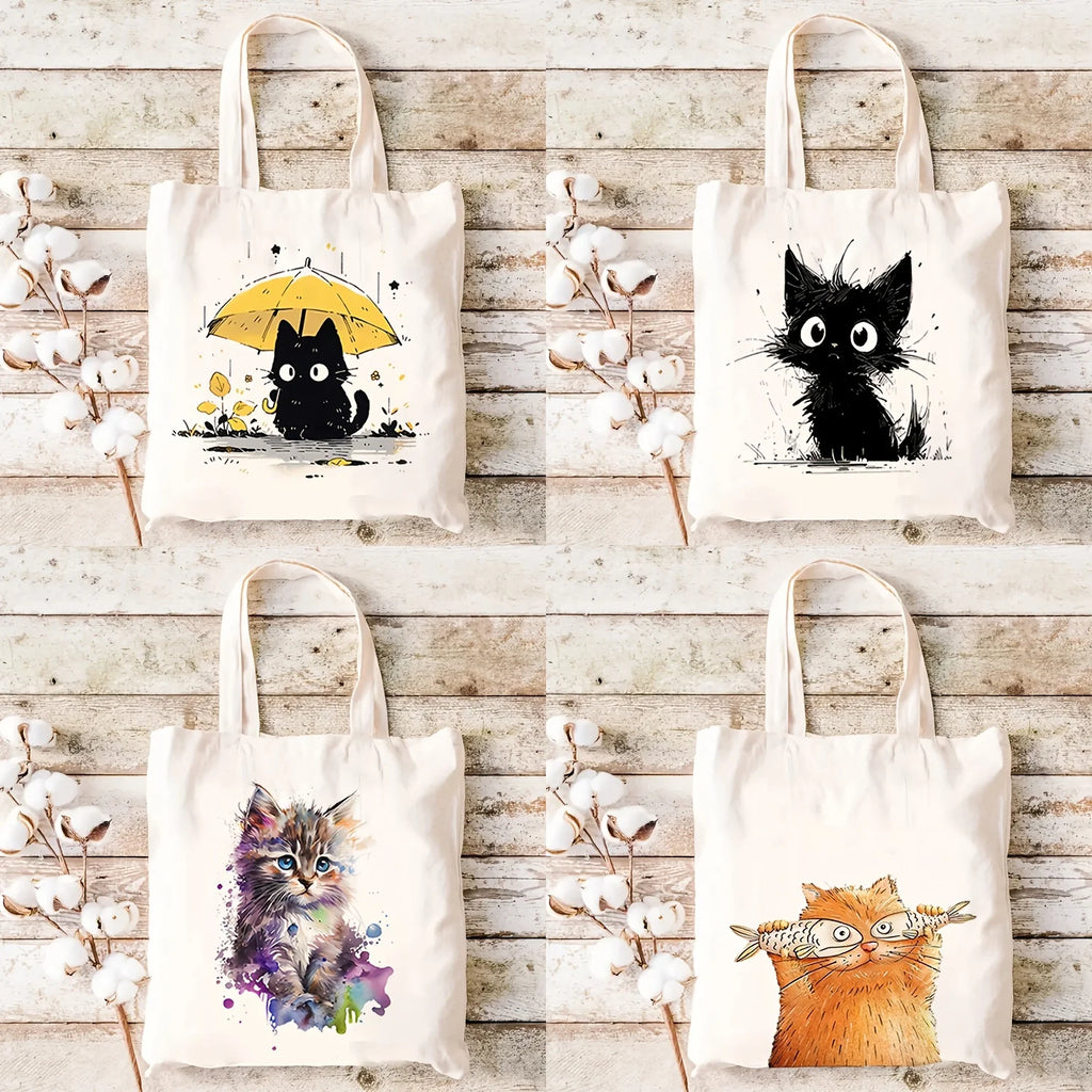 Women Canvas Baguette Bag 1 Pack Cute Cat Pattern Handbag Tote Reusable Shopping Bag Multifunctional High Capacity Printed Storage Bag Gift for Cat Lovers Holiday Birthday Present