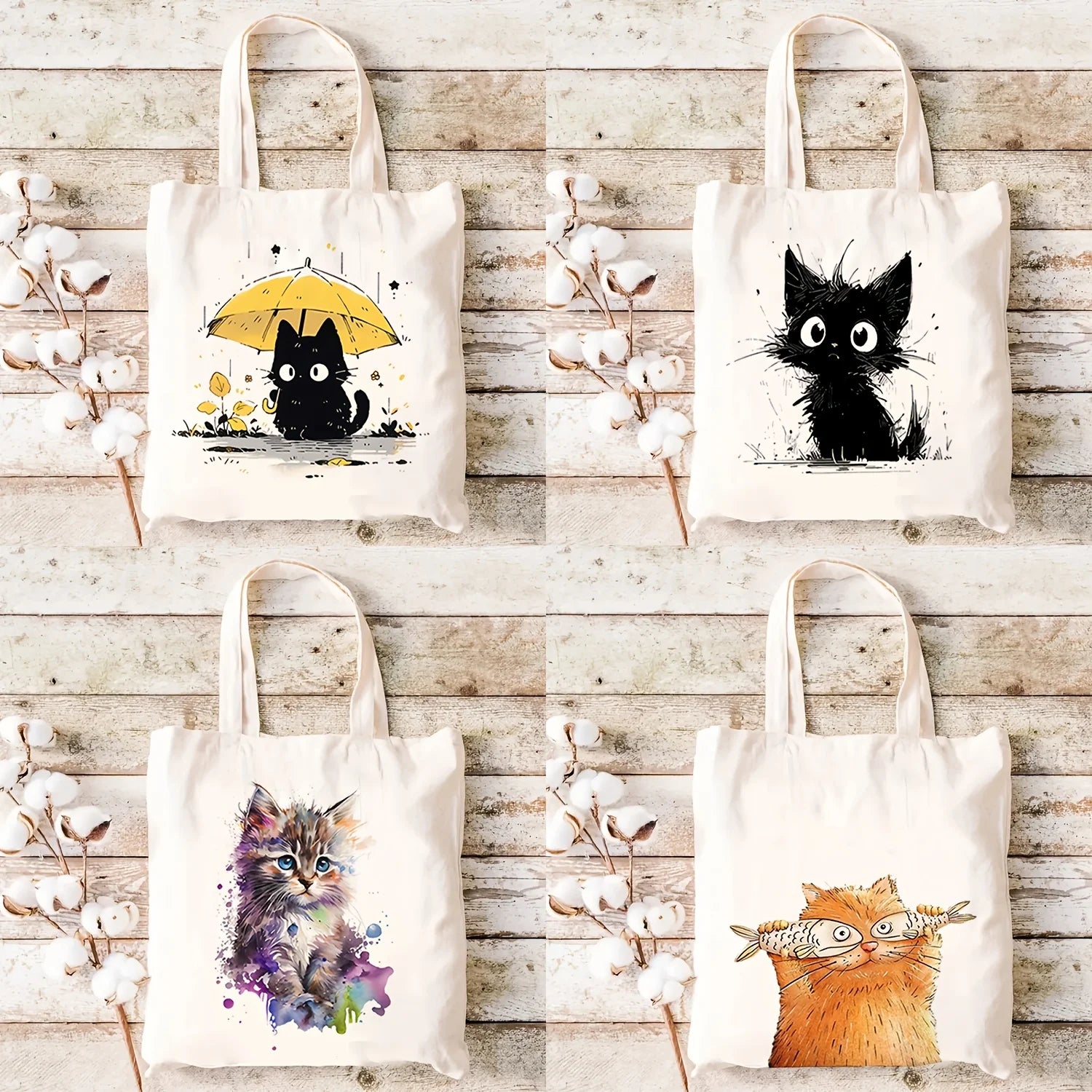 Women Canvas Baguette Bag 1 Pack Cute Cat Pattern Handbag Tote Reusable Shopping Bag Multifunctional High Capacity Printed Storage Bag Gift for Cat Lovers Holiday Birthday Present
