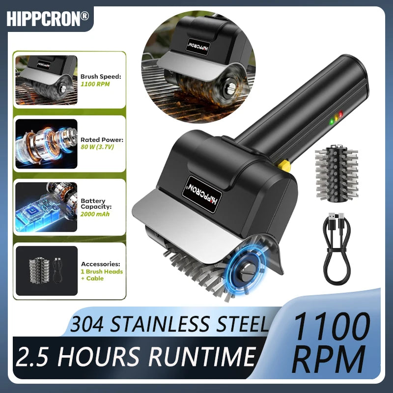 Hippcron Electric Barbecue Grill Cleaning Brush 1100 RPM -304 Stainless Steel for Backyard BBQs Camping Trips Cleaning Tool
