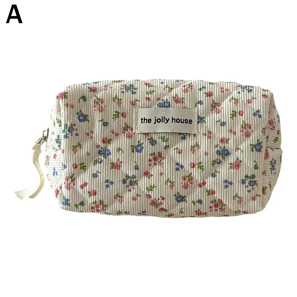 Flower Printed Puffy Quilted Zipper Makeup Bag Storage Organizer Toiletry Handbag Cosmetic Pouch Large Travel Cosmetic Bag