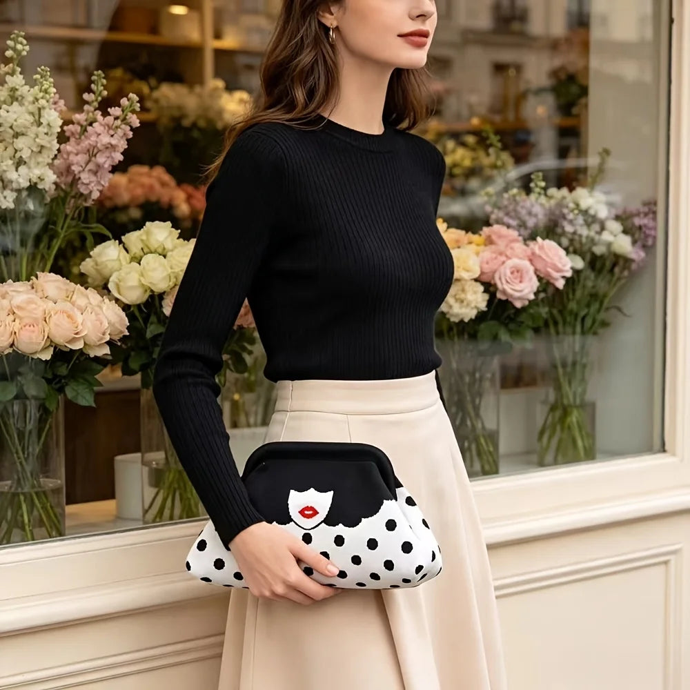 Trendy color-blocking fun lip print knitted pattern design ladies' evening banquet lightweight luxury commuting clutch