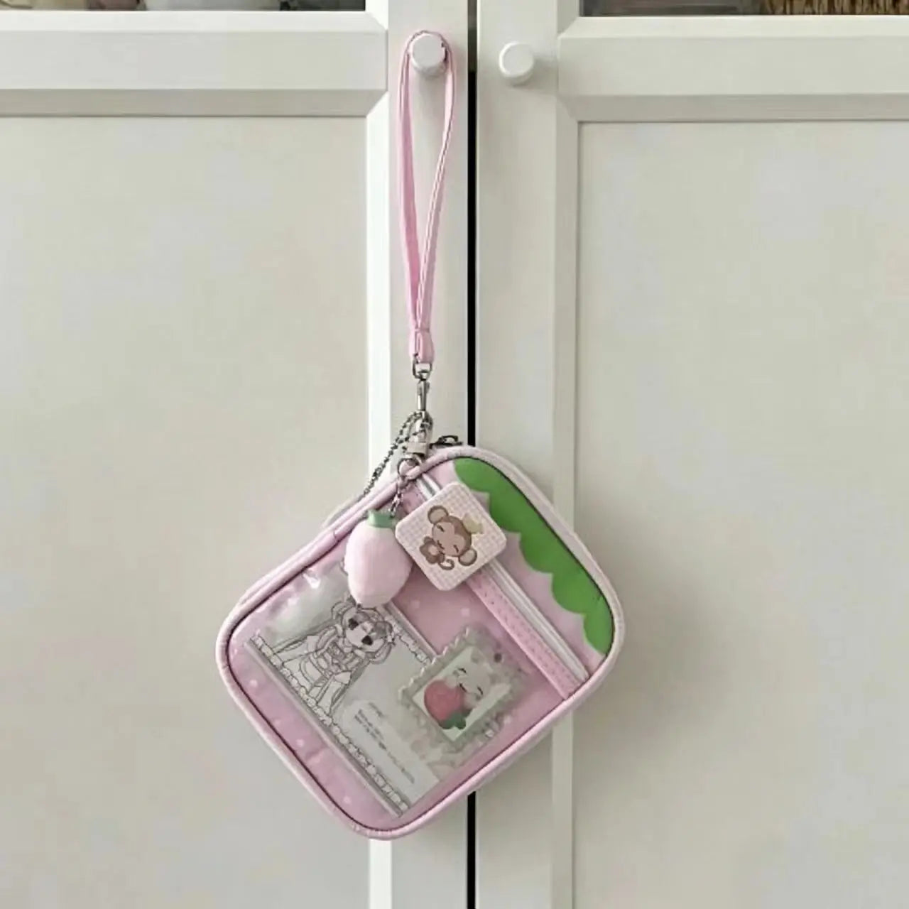 Kawaii Ita Bag Pouch, Transparent Window for Anime Badge/Photocard Display, Soft Girl Style Storage Bag for Small Items, Card Ho