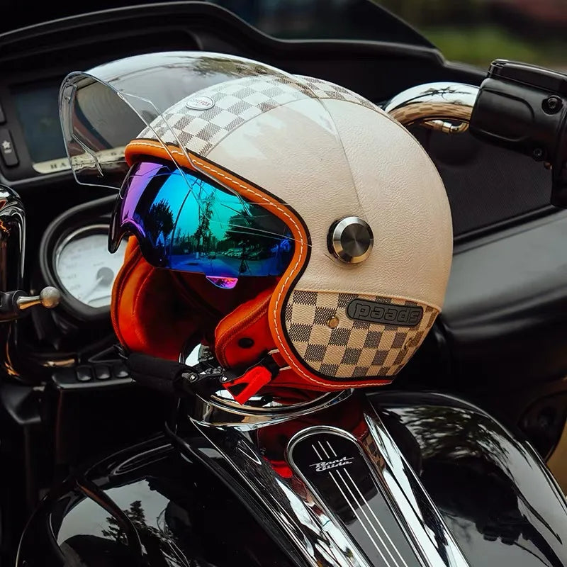Open Face Helmet Vintage Leather Motorcycle Helmets Double Visor DOT Approved Retro 3/4 Jet Half Helmet with Inner Lens