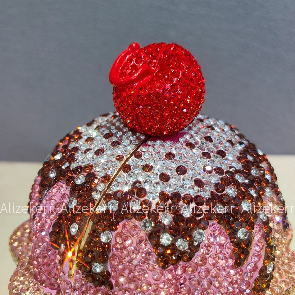 Alizekerr Ice Cream Cup Rhinestone Clutch Bag Women Luxury Cute Metallic Shiny Crystal Sundae Evening Purse Prom Wedding Events