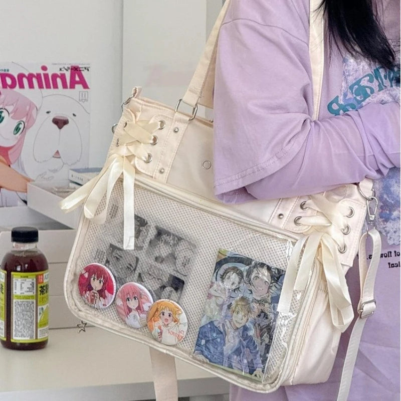 Large Capacity for Class Book Carrying Mailman Bag Girls Bow JK Shoulder Ita Bag Handbag College Style Crossbody Bag with Ribbon