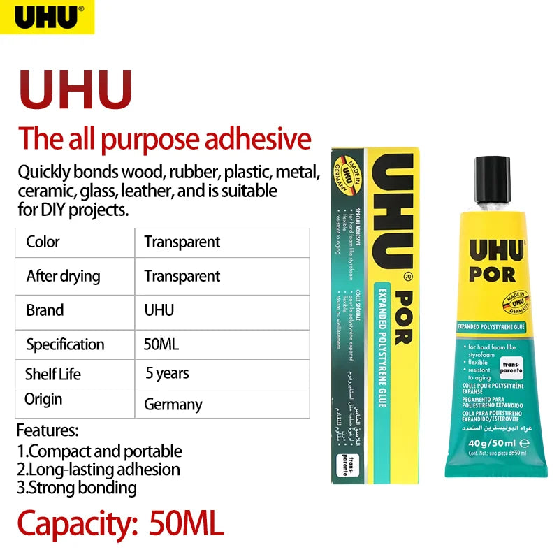 50ML Original UHU POR Glue Adhesive Quick-Setting Special Adhesive for Polystyrene Model-Making Glue Waterproof Transparent