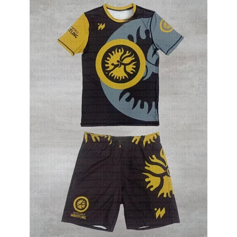 2026 New Summer Men Kid United World Wrestling Sportswear Set Short Sleeve T Shirt and Shorts for MMA Training Lightweight