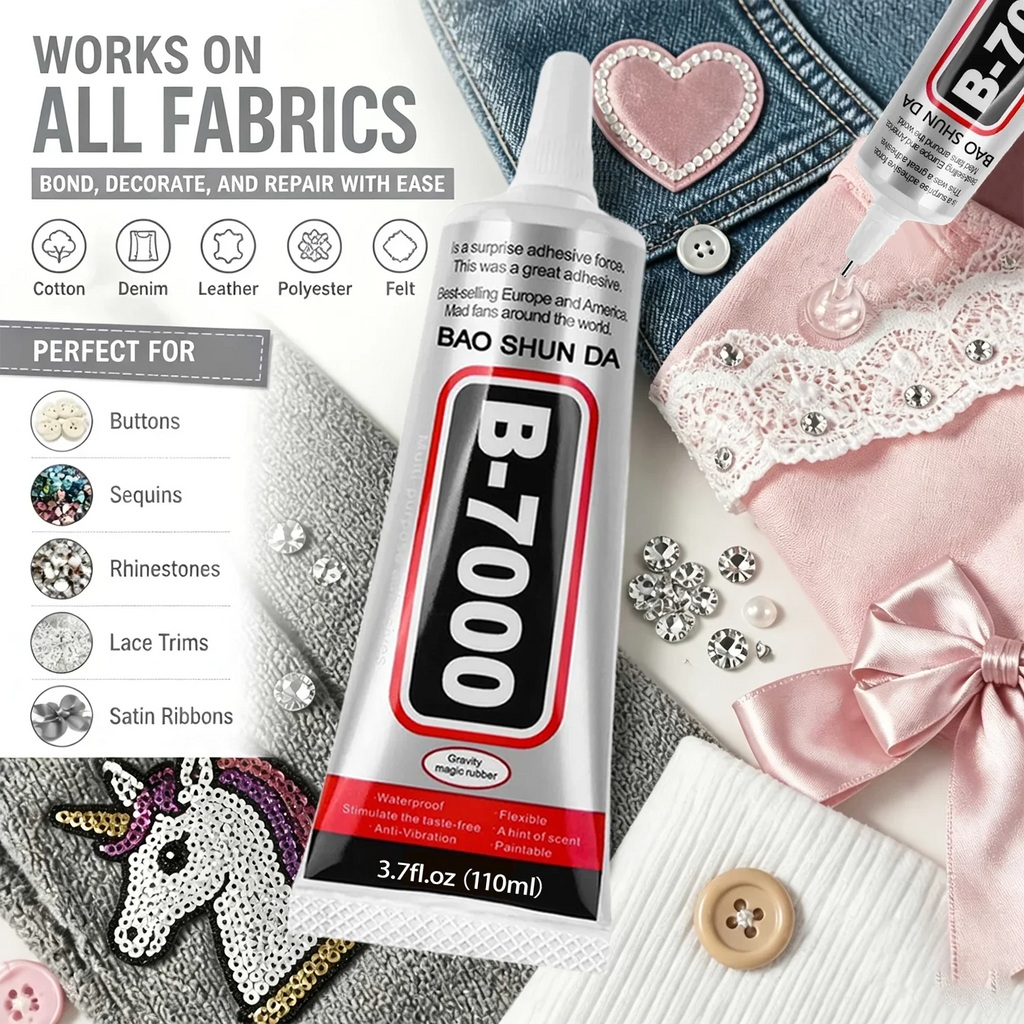 B-7000 Fabric Glue Permanent, Fabric Glue for Patch, Clear Fabrics Adhesive,Permanent Washable,for All Cotton, Denim, Polyester.