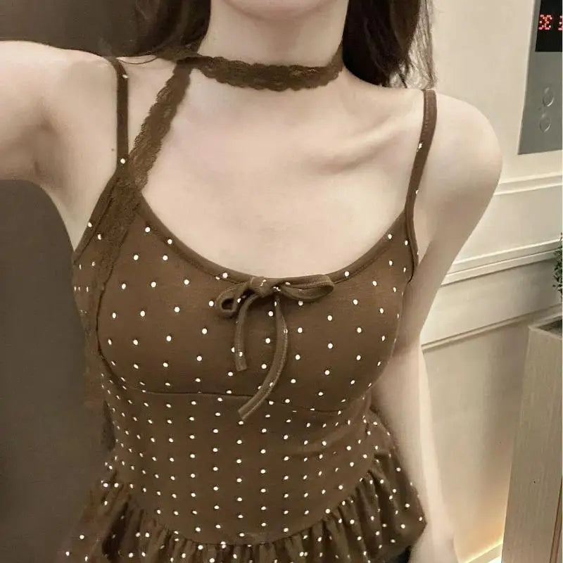 1Pc Women Clothing Summer Fashion Casual Polka Dot Solid Color Sling Ladies Fashionable Appear Thin Slim Young Style Tops