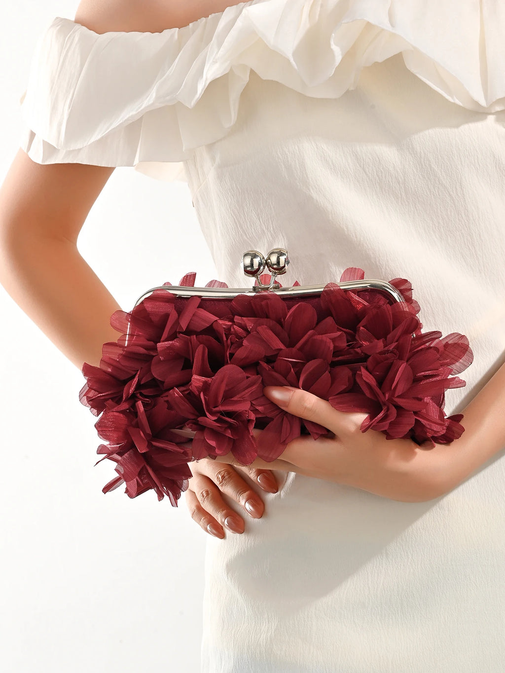 3D Floral Decor Clutch Bag, Elegant Silk Appliques Dinner Purse For Wedding Party Prom Banquet - Perfect for Wedding， Party