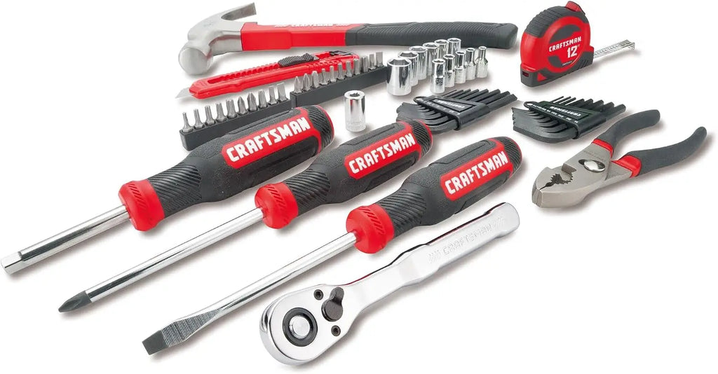 57 Piece Mechanics Tool Set with Low Profile Ratchet, Sockets, Screwdrivers, Hammer, Pliers, Hex Keys, Hand Tools in Blow Mold Case