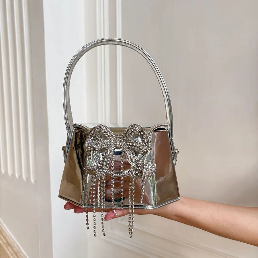 Mirror Mini Portable Small Bag Glossy Metal Embellished Rhinestone Bow Tassel Exquisite Small Dinner Bag