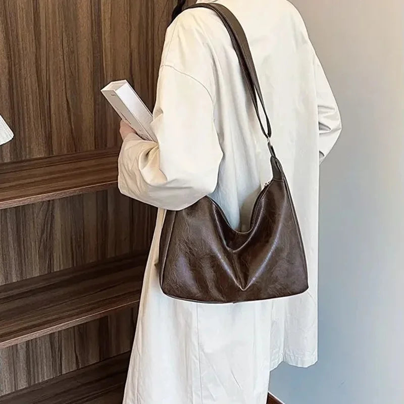 PU Leather Commuter Fashion Vintage Casual Tote Bag Maillard Stylish Crossbody Bags for Women Texture Large Capacity Temperament